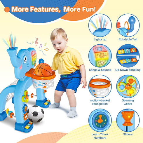 1 2 3 SpringFlower Toddler Basketball Hoop & Soccer Goal Activity Center Toys with Light & Music,Elephant Toddlers