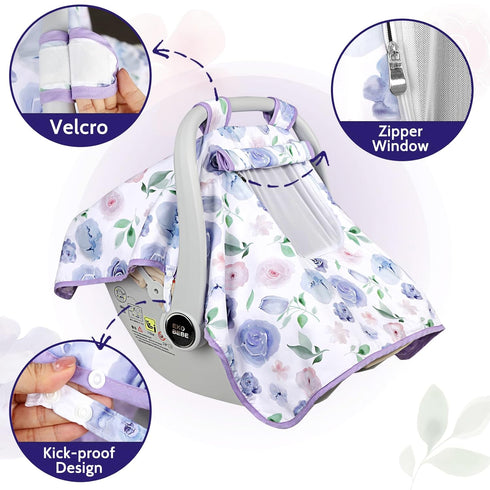 Cozy Baby Carseat Seat Cover Girls, Winter Carseat Canopy, & Warm Cover with Zipper Peep Windows, Infant Minky Carrier
