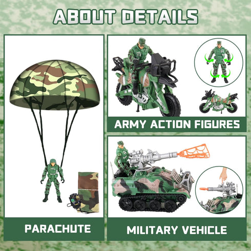 Set Playset, deAO Military Helicopter Toys Army Men Army Toys with Army Tank, Soldier Action Figures, Motorcycle