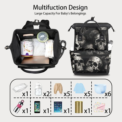 Hsnar Backpack Skull Skeleton Print Waterproof Diaper Bag Large Capacity Baby Bag with Stroller Straps, Multi-Pocket