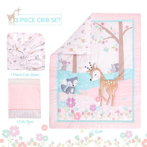 Set 3 Set UOMNY Crib Bedding for Girls Piece Woodland Baby Girl Crib Bedding Include Fitted Crib Sheet Comforter Crib