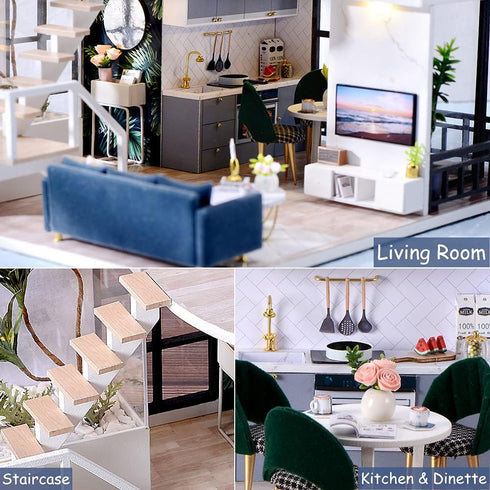TuKIIE Miniature Dollhouse Kit with Furniture, 1:24 Scale, Dust Proof & Music Movement for Kids Teens Adults