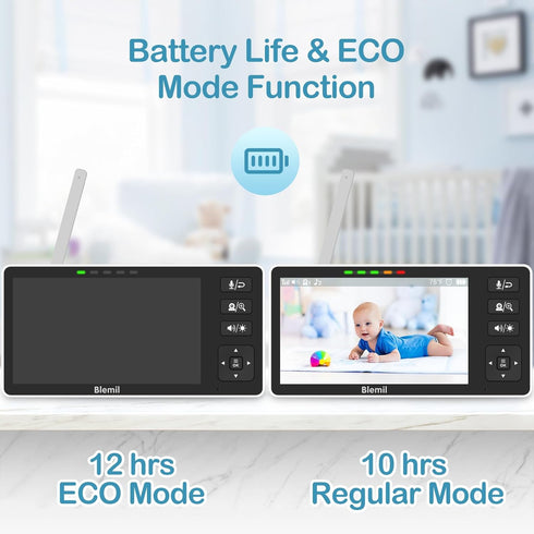 Blemil 5.5" 4000mAh Baby Monitor, HD Split-Screen with Battery, Panoramic Zoom Video Baby Monitor with Camera