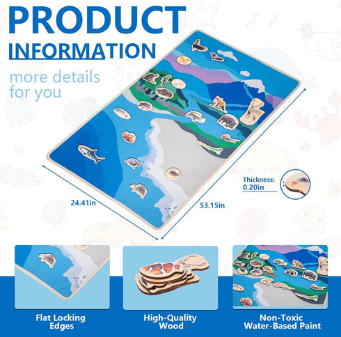 Montessori Land and Water Map with 25 Wooden Animals, Educational Geography and Zoology Mat for Kids 4-8