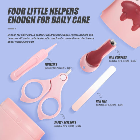 Set 4pcs KOMBIUDA Nail Clipper and Scissors for Newborns Nail Care Kit Safe Rounded Tips Non-Slip Handle Pink Grooming