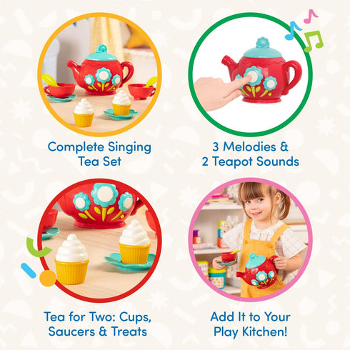 Battat Pretend Play Tea Set with Singing Teapot, Musical Toddler Toys, Cups & Saucers for 3 Years+
