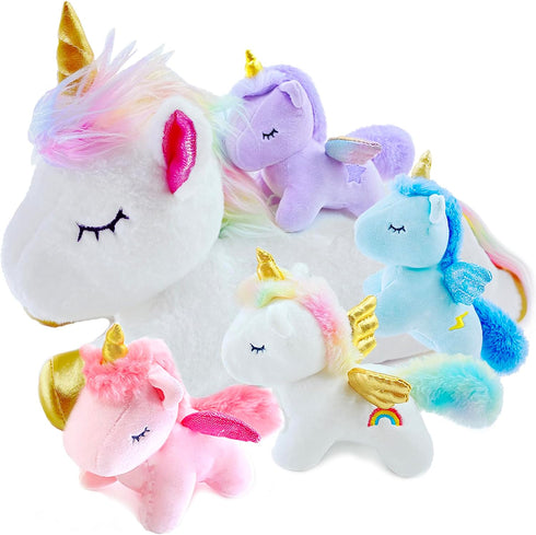 Unicorn Stuffed Animal,Cute Unicorn Mommy Stuffed Animal with 4 Baby Unicorns Plush