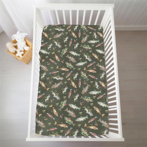 Selgkds 52''x28'' Neutral Fishing Baby Crib Sheets for Boys Vintage Bass Fishes Trout Soft Snug Fitted Crib Mattress