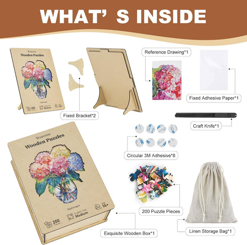 200 10.23x11.6 Pieces Flowers Wooden Puzzles for Adults, Hydrangea Unique Shaped Wooden Jigsaw Puzzles for Adults