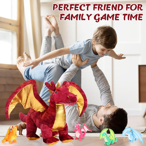 Lenwen 5 Pcs Dragon Plush Stuffed Animal - 16 Inch Giant Mommy Dragon with 4 Pcs Babies in Zippered Belly for Kids