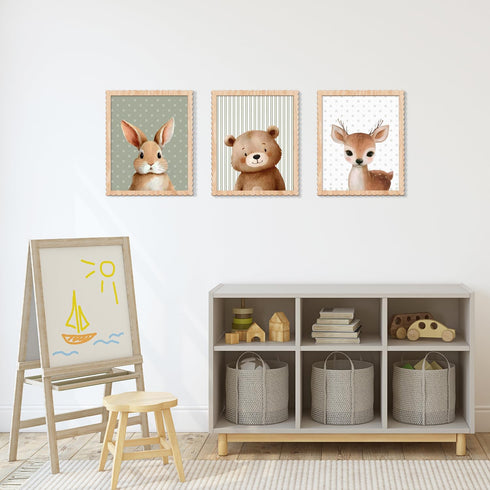 Benlarky Set 3 Woodland Nursery Wall Art Decor, of Wood Framed Animal Wall Prints Artwork Cute Rabbit Deer Bear Wooden