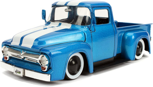 1:24 1956 F-100 Jada Just Trucks Ford Die-cast Car Blue/White Stripes with Tire Rack, Toys for Kids and Adults