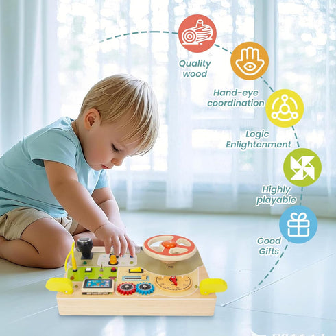 3+ Montessori Busy Board for Toddlers Baby Busy Board Car Steering Wheel Wooden Sensory Board Travel Toys for Fine
