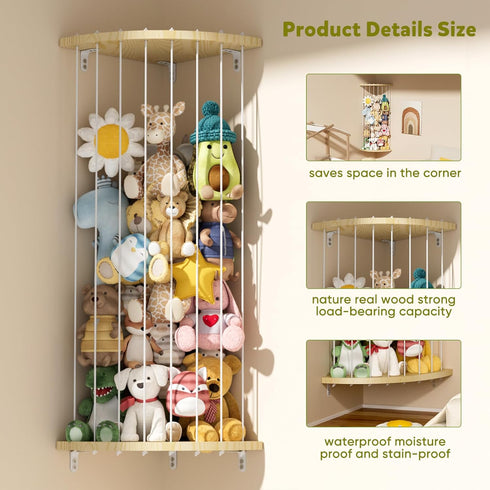 Dayacoco 80 Shelf,60-80 in Stuffed Animal Storage Wooden Corner in Length Adjustable,Stuffed Animal Organizer,Wall