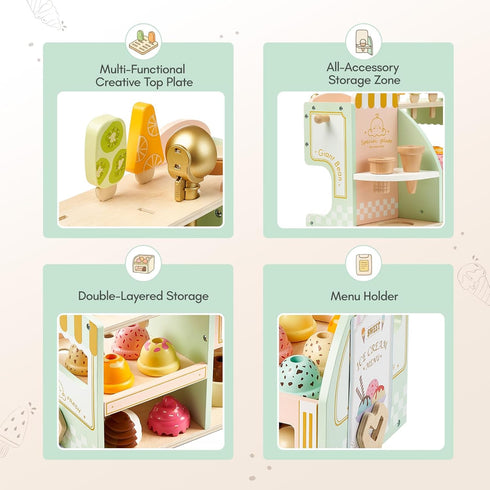 Set, 3+, Giant bean Wooden Ice Cream Play with Drop-Down Dispenser, Play Kitchen Accessories with Cones, Popsicles