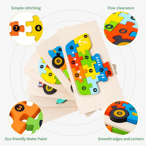 6 Pack Wooden Vehicle Toddler Puzzles for Kids Ages 2-6, Montessori Toys for Learning Jigsaw