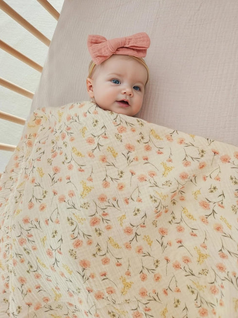 Little Jump Baby Muslin Swaddle Blankets for Girls, Newborn Swaddle Set with Matching Headband Bow, 47 x 47 inches