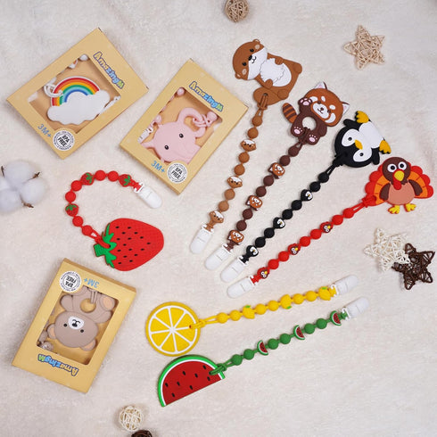 Set 3 Cute Animal Baby Food Grade Silicone Teether Toy with One Piece Design Pacifier Clip Holder,Teething Pain Relief