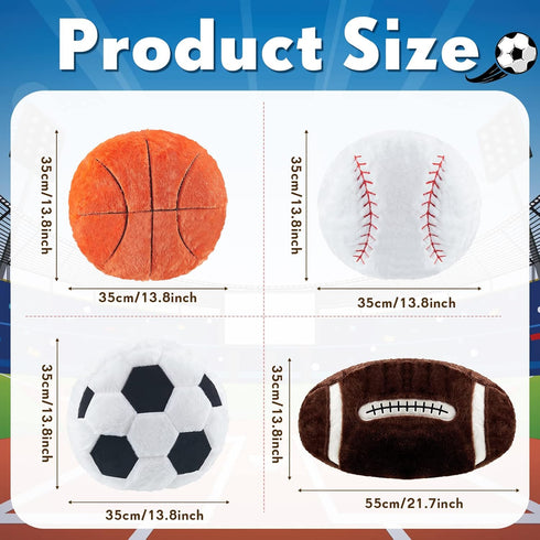 Fluffy Stuffed Sports Throw Pillows, 4 Pcs Soccer Ball, Basketball, Baseball, Football Plush Toy Cushions
