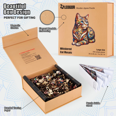 LEOGOR Wooden Puzzles for Adults - Whiskered Cat Mosaic, 350 Piece Large Size (14 x 18.1 in) with Vibrant Flowers