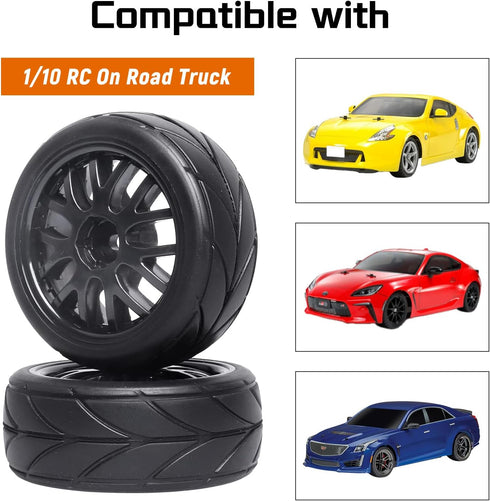 12mm Hex 1/10 On Road Wheels and Tires Soft With Foam Inserts for RC Touring Car Traxxas 4tec 2.0 Tamiya TT02 TT01 Drift, Set of 4 by GoHobby