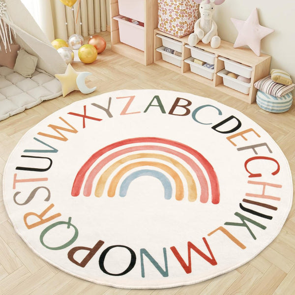 Nursery Rug Round Rainbow Classroom Rug Elementary, Non-Slip Rainbow Rug for Girls