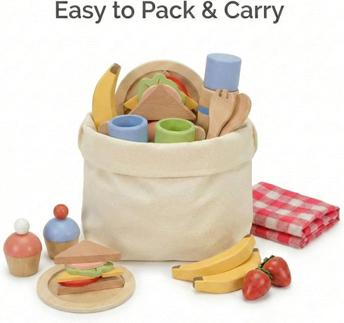 Set 30-Piece 3+ Pillowhale Wooden Play Food for Kids, Pretend Picnic Toy with Sandwiches, Fruits, Cups, Plates