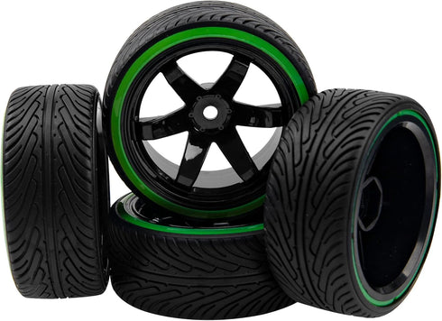 1/10 RC Drift Car Tires 12mm Hex Hub Wheel Rims & Hard Plastic Tyre 6 Spoke Compatible with Traxxas HSP Tamiya Kyosho HPI Redcat 1/10 On-Road RC Drift Drifting Car (Green) by HIRCQOO