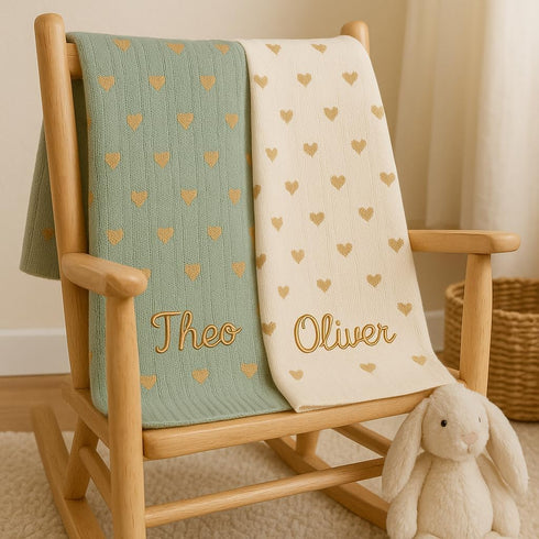 Cozy 30x30 Personalized Baby Knit Blanket Custom Embroidered Name, Heart Pattern, Soft Cotton Yarn, & Breathable