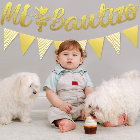 Gold Glitter Mi Bautizo Banner, Mi Bautizo Cake Topper Decorations, First Holy Communion Decorations for Baby Shower