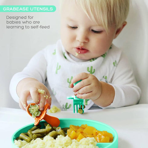 Grabease Baby Spoons and Toddler Utensils, BPA-Free & Phthalate-Free, 2 Sets, Mint and Orange
