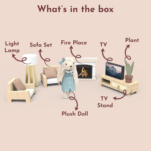 Cozy Playset SPEEDY MONKEY Dollhouse Living Room with Bunny Miniature FSC Wooden Furniture Sofa, TV Pretend Play Fully