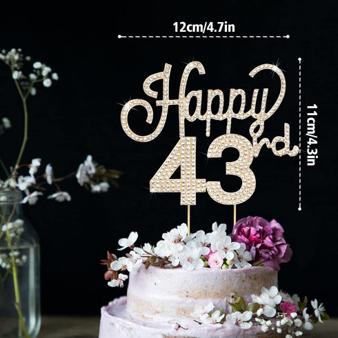 LINGTEER Happy 43rd Birthday Gold Rhinestone Cake Topper - Cheers to 43 Years Old Anniversary Party Cake Centerpieces