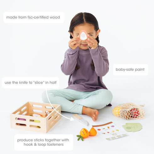 Set 21-Piece 2 3 4 Pearhead Wooden Play Food Pretend Kitchen Toy, Cutting Fruits & Veggies, FSC-Certified, Farmers