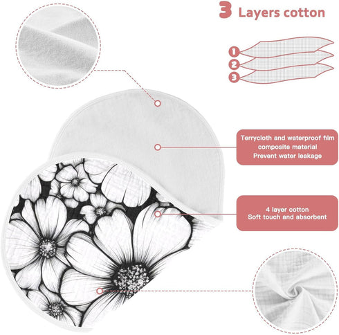 GOODOLD Set 2 Pack Black White Floral Muslin Baby Burp Cloths - Super Absorbent and Soft Burping Rags - Cotton Burp