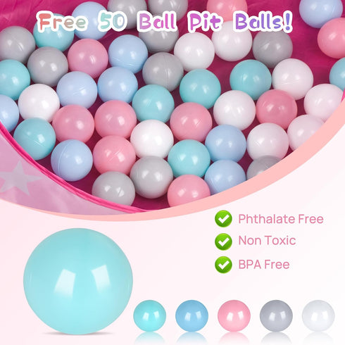 Baby Ball Pit for Toddler with 50 Balls, Pop Up Princess Tent with Star Lights, Indoor & Outdoor Play Tent