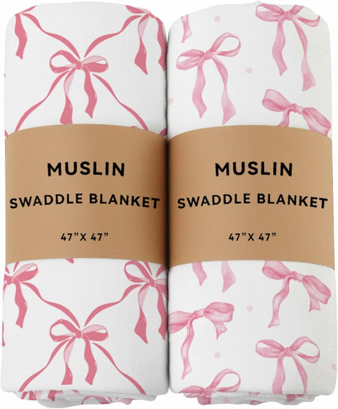 REZIPO 2 Pack Pink Bow Muslin Swaddle Blankets 70% Bambo 30% Cotton Breathable