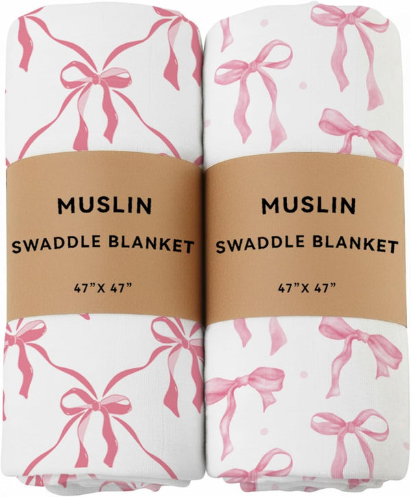 REZIPO 2 Pack Pink Bow Muslin Swaddle Blankets 70% Bambo 30% Cotton Breathable
