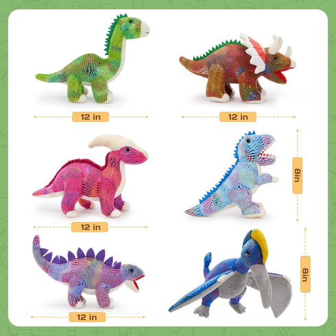 6Pcs 12'' MaoGoLan Stuffed Animals Bulk Dinosaur Plushies with Sequin, Stuffed Dinosaur T-Rex Blue Velociraptor Toys