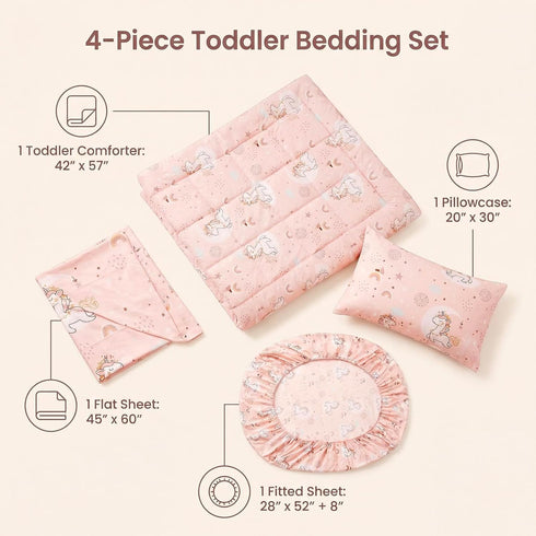 Set, 4 Set, JSD Pink Unicorn Toddler Bedding Piece Bed-in-a-Bag Toddler Microfiber Comforter Sheet All Season Machine