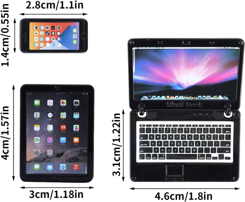 3Pcs Miniature Dollhouse Décor, 1:12 Metal Simulation Laptop, Tablet, Smart Phone Accessories (Black 3Pcs)