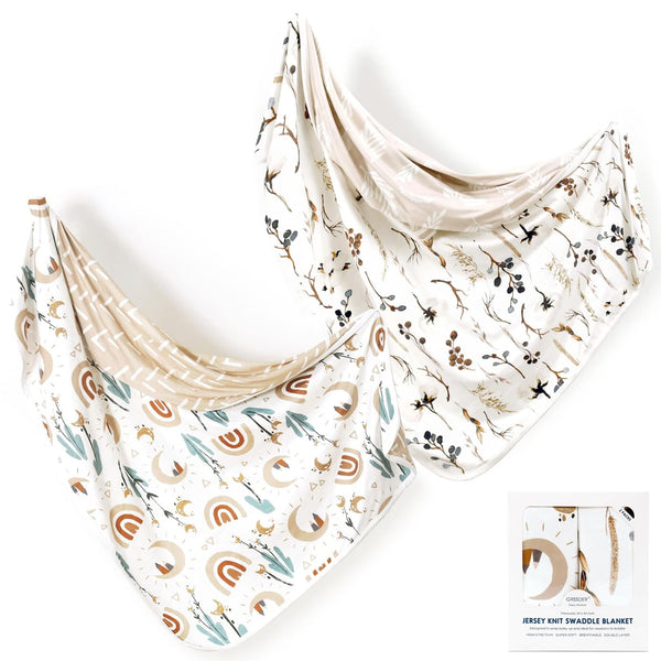 GRSSDER Baby Blankets - Super Soft Jersey Knit Swaddle Blanket 2 Pack for Baby Girls and Boys, Double Layer Reversible