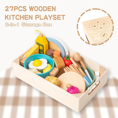 Set Sets 3-5,Gifts Boys,27pcs Wooden Kitchen Accessories Play Cooking Toys ,Play Pots and Pans for Kids,Pretend Play