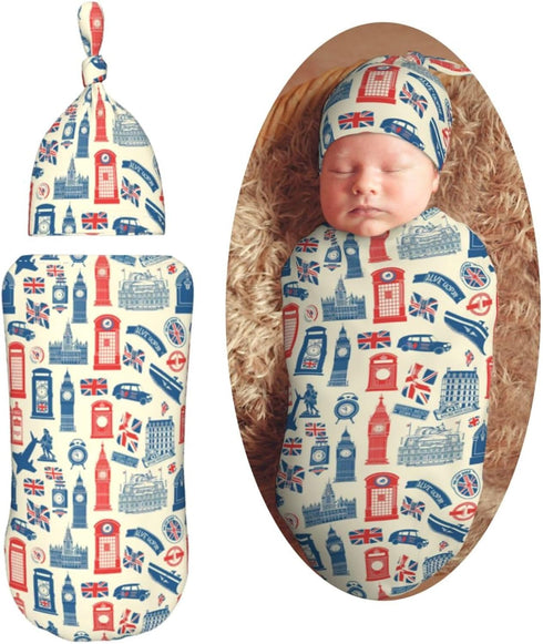 Vintage British Flag Newborn Swaddle Blankets Hat Sets Soft Baby Receiving Blanket