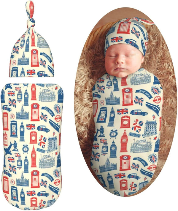 Vintage British Flag Newborn Swaddle Blankets Hat Sets Soft Baby Receiving Blanket