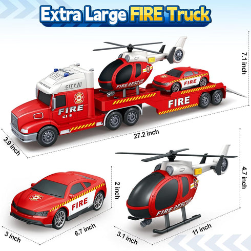 3 4 5 6 7 8 27" Kids Toys for Years Old Boys, Fire Truck Toy with Racing Car and Helicopter, Toddler Friction Powered