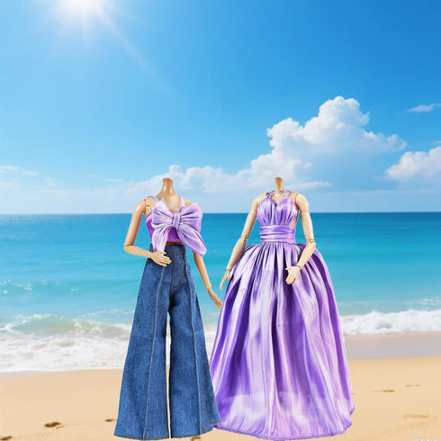 2 Sets Set 11.5 Inch E-TING Doll's Dream Outfits: Shiny Glitzy Gala Purple Dress and Bell-Bottom Jeans for Girl Doll