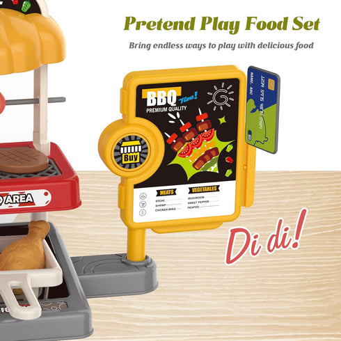 Set: 3+ Kids BBQ Grill Play Coffee, Card Reader, Cash Register, Play Food (Grilled Fish, Wings, Kebabs, Sausages), Play
