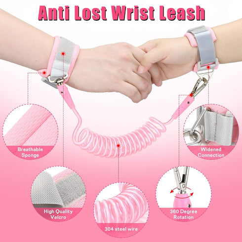 Pink Toddlers Leash + Anti Lost Wrist Link Child Safety Harness Walking Wristband Assistant Strap Belt for Kids