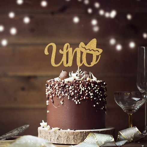 Spanish Uno Cake Topper Fiesta Party Decor for Mexican 1st Birthday Decoration, Gold Glitter
